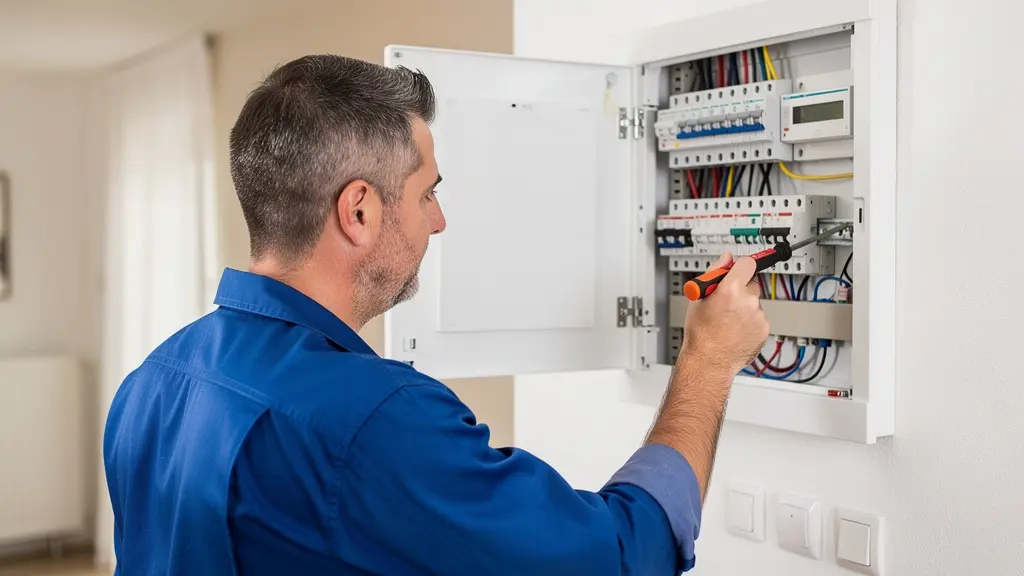 Technicien électricien inspectant un tableau électrique domestique pour installation borne de recharge