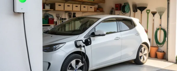 Véhicule électrique branché sur borne de recharge murale dans garage résidentiel français