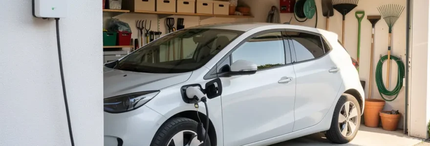 Véhicule électrique branché sur borne de recharge murale dans garage résidentiel français