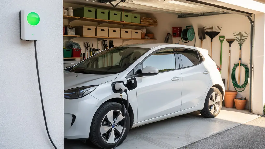 Véhicule électrique branché sur borne de recharge murale dans garage résidentiel français